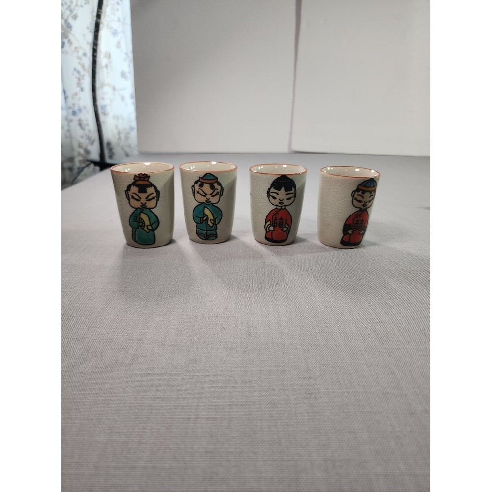 Vintage Asian Porcelain Shot Cups Set of 4 Hand Painted Children Tea Sake Cups